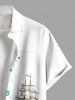 Plus Size Sea Waves Sailboat Flower Branch Print Hawaii Cruise Button Pocket Shirt For Men -  