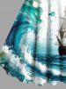 Plus Size Sea Waves Sailboat Flower Branch Print Hawaii Cruise A Line Tank Dress -  
