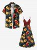 Robe camisole trapèze à surplis grande taille, motif feuilles tropicales, hibiscus, fleurs, perroquets, imprimé hawaïen - Rouge 1X