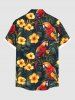 Plus Size Tropical Leaf Hibiscus Flower Parrot Print Hawaii Button Pocket Shirt For Men -  