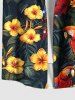 Plus Size Tropical Leaf Hibiscus Flower Parrot Print Hawaii Button Pocket Shirt For Men -  