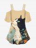T-shirt à épaules dénudées imprimé chat et fleur grande taille pour femme - Abricot M