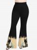 Pantalon évasé à imprimé chat et fleurs grande taille - Noir L