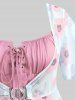 Plus Size Flutter Sleeves Floral Dress and Lace-up A Line Cami Dress Set -  
