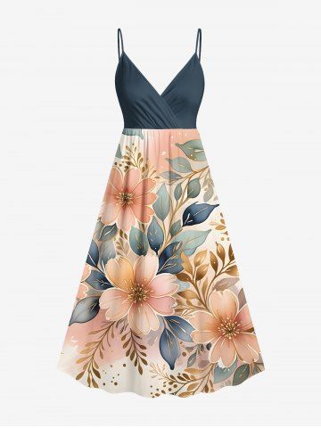 Plus Size Flowers Leaf Print Surplice Hawaii Cami Dress - LIGHT ORANGE - 5X