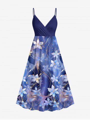 Plus Size Flowers Leaf Galaxy Star Print Surplice Hawaii Cami Dress - BLUE - 3X