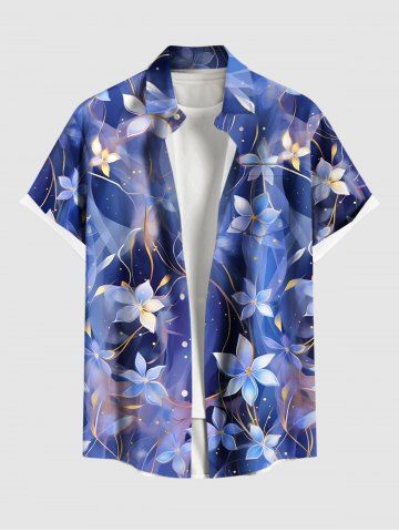 Plus Size Flowers Leaf Galaxy Star Print Buttons Pocket Hawaii Shirt For Men - BLUE - M