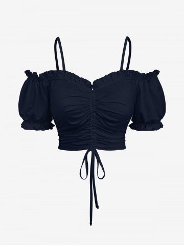 Plus Size Cinched Ruched Ruffles Cold Shoulder Cami Top - BLACK - XS