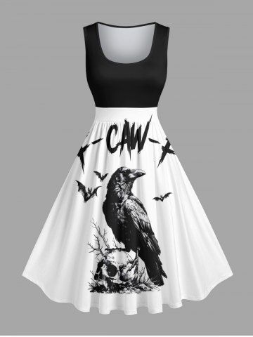 Plus Size Halloween Skull Crow Bat Print 1950s Vintage Dress - BLACK - XXS