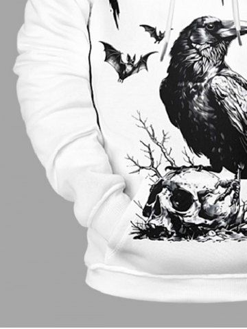 Plus Size Halloween Skull Crow Bat Print Drawstring Pockets Hoodie For Men