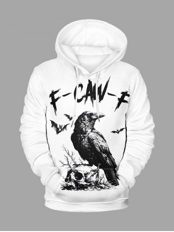 Plus Size Halloween Skull Crow Bat Print Drawstring Pockets Hoodie For Men - WHITE - 8XL