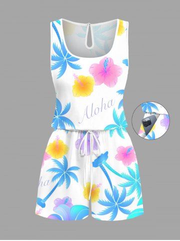 Plus Size Colorful Coconut Tree Hibiscus Flowers Print Cinched Hawaii Romper - WHITE - M