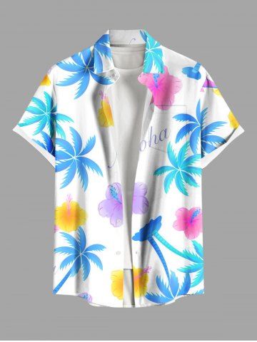 Plus Size Colorful Coconut Tree Hibiscus Flowers Print Buttons Pocket Hawaii Shirt For Men - WHITE - S
