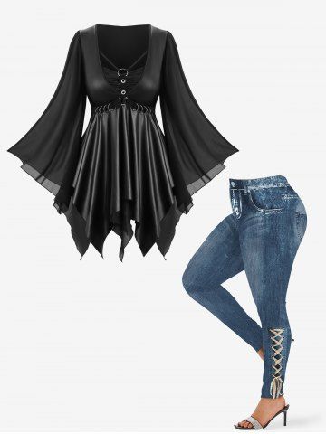 PU Panel Strappy Layered Handkerchief 2 in 1 Top and Ombre Denim Printed Leggings Plus Size Outfit - BLACK