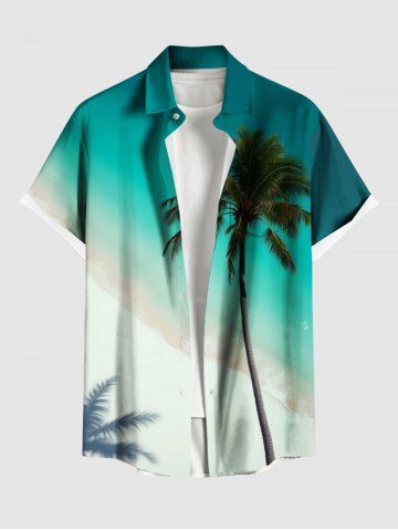 Plus Size Coconut Tree Ombre Sea Beach Print Hawaii Button Pocket Shirt For Men - GREEN - XL