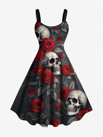 Plus Size Skull Rose Flower Leaf Branch Print Halloween A Line Tank Dress - DARK GRAY - 2X