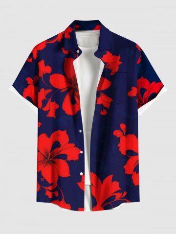 Plus Size Hibiscus Flower Print Hawaii Button Pocket Shirt For Men - NAVY BLUE - XL