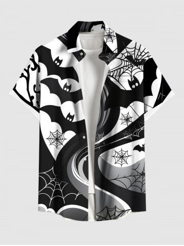 Plus Size Bat Spider Web Curve Print Halloween Button Pocket Shirt For Men - BLACK - 4XL