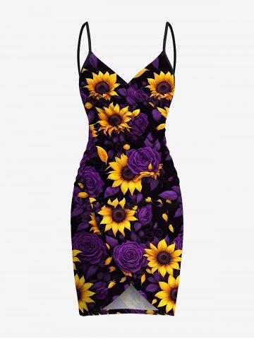 Plus Size Sunflower Rose Flower Print Hawaii Convertible Beach Cover Up - PURPLE - M