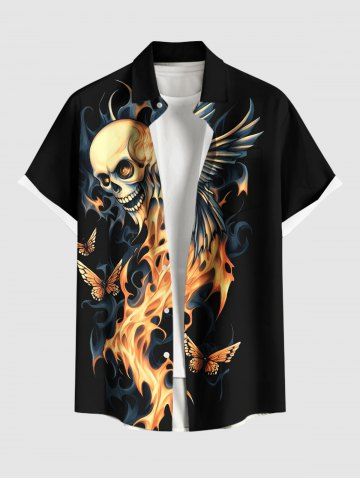 Plus Size Skull Wings Butterfly Fire Flame Print Halloween Button Pocket Shirt For Men - BLACK - 6XL
