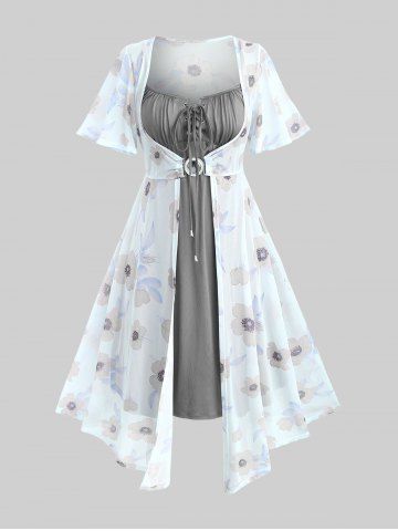 Plus Size Flutter Sleeves Floral Dress and Lace-up A Line Cami Dress Set - DARK GRAY - 2X | US 18-20