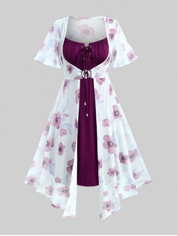 Plus Size Flutter Sleeves Floral Dress and Lace-up A Line Cami Dress Set - ROSE RED - 2X | US 18-20