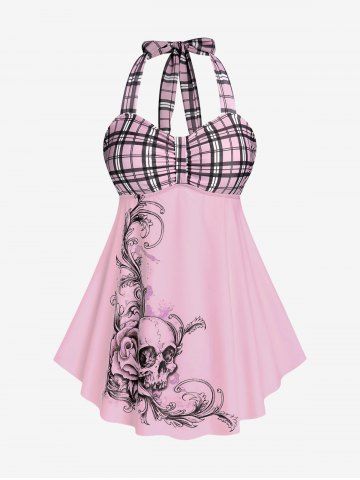 Plus Size & Curve Halter Plaid Skull Print Backless Gothic Modest Tankini  Swimsuit - PINK - 3X
