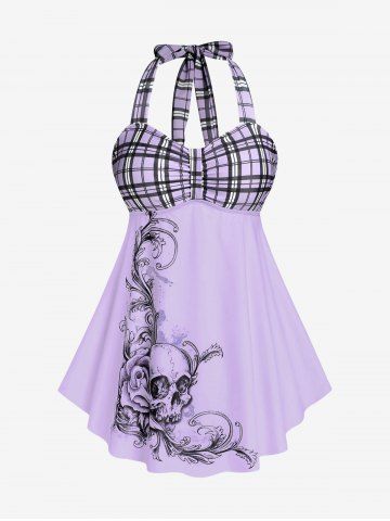 Maillot de bain tankini dos nu à carreaux et imprimé tête de mort, style gothique, grandes tailles et courbes. - PURPLE - 2X