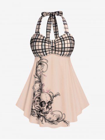 Plus Size & Curve Halter Plaid Skull Print Backless Gothic Modest Tankini  Swimsuit - LIGHT ORANGE - 1X