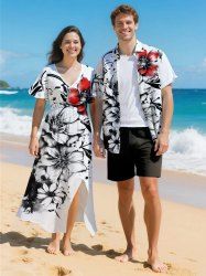 Flowers Ink Painting Splatter Print Plus Size Matching Hawaii Beach Outfit For Couples -  
