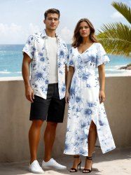 Flowers Leaf Print Plus Size Matching Hawaii Beach Outfit For Couples -  