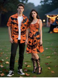 Halloween Pumpkin Bat Print Plus Size Matching Outfit For Couples -  