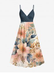Plus Size Flowers Leaf Print Surplice Hawaii Cami Dress -  