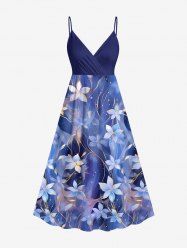 Robe camisole hawaïenne à surplis grande taille, imprimé fleurs, feuilles, galaxie, étoiles - Bleu 1X