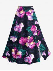 Jupe hawaïenne fendue grande taille à imprimé feuilles tropicales et fleurs d'hibiscus - Noir 1X