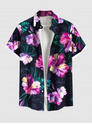 Plus Size Hibiscus Flowers Tropical Leaf Print Buttons Pocket Hawaii Shirt For Men -  