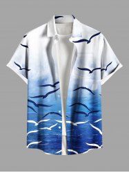 Plus Size Ombre Sea Bird Print Buttons Pocket Hawaii Shirt For Men -  