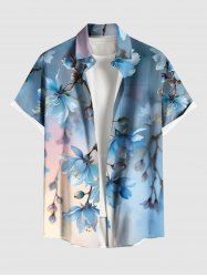 Chemise hawaïenne grande taille à imprimé floral ombré et boutons avec poches pour homme - Bleu Ciel M