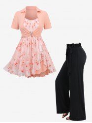 Chemisier 2 en 1 à imprimé floral, boucle en V, ourlet tulipe côtelé, taille à volants, pantalon large, tenue grande taille - orange clair 