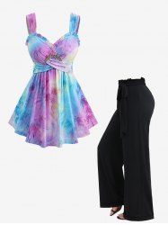 Débardeur croisé à volants et taille large, motif feuilles de bambou floquées, effet tie-dye ombré, tenue grande taille - Multi-F 