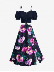 Hibiscus Flowers Tropical Leaf Print Plus Size Hawaii Matching Set -  