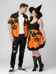 Halloween Pumpkin Tassel Dots Print Plus Size Matching Outfit For Couples -  