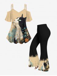 Cat Flower Print Cold Shoulder Cami T-shirt and Flare Pants Plus Size Matching Set -  