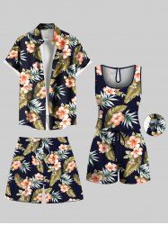 Matching Hawaii Shirt Shorts and Romper Plus Size Beach Outfit Tropical Leaf Hibiscus Flower Print For Couples -  