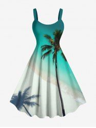 Robe débardeur grande taille à imprimé cocotiers, ombré, mer, plage, hawaïenne, coupe trapèze - Vert 1X