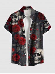 Chemise grande taille à imprimé tête de mort, rose, fleur, feuille, branche, Halloween, bouton, poche, pour homme - Noir 4XL