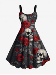 Plus Size Skull Rose Flower Leaf Branch Print Halloween A Line Tank Dress -  