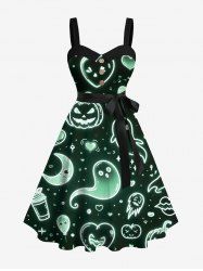 Plus Size Pumpkin Ghost Heart Moon Star Galaxy Print Halloween Ombre Button A Line Dress with Removable Belt -  