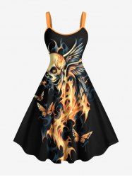 Robe trapèze grande taille à imprimé crâne, ailes, papillon, feu et flammes pour Halloween - Noir S