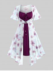Ensemble robe fleurie à manches papillon grande taille et robe débardeur trapèze à lacets - Rouge Rose 4X | US 26-28